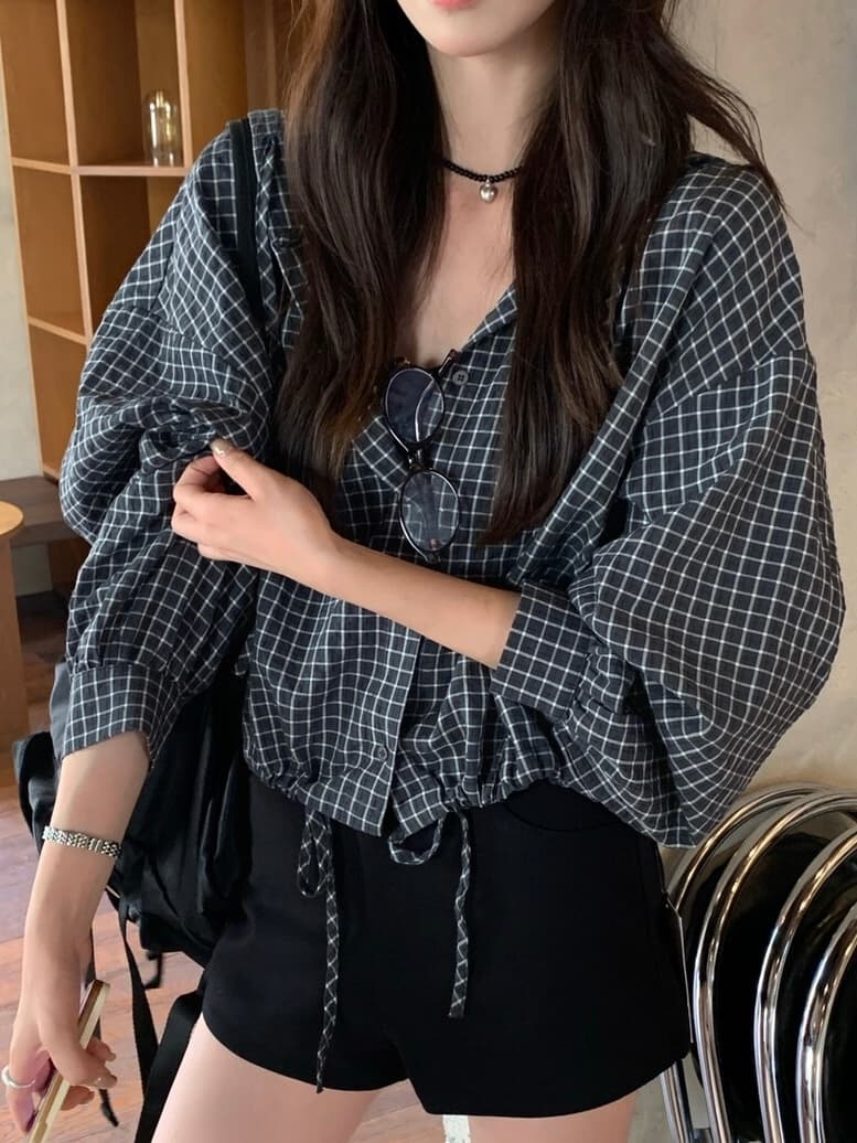 물리적 인지도 있음 업데이트 느긋한 바람 배색 후드 체크무늬 작은 셔츠 셔츠 짧은 여성 코트 8169 상세 이미지 1