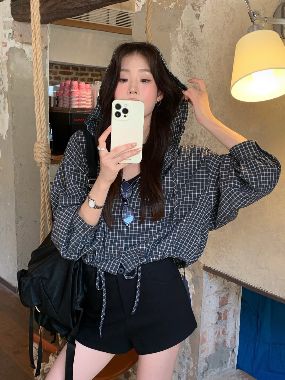 물리적 인지도 있음 업데이트 느긋한 바람 배색 후드 체크무늬 작은 셔츠 셔츠 짧은 여성 코트 8169 상세 이미지 3