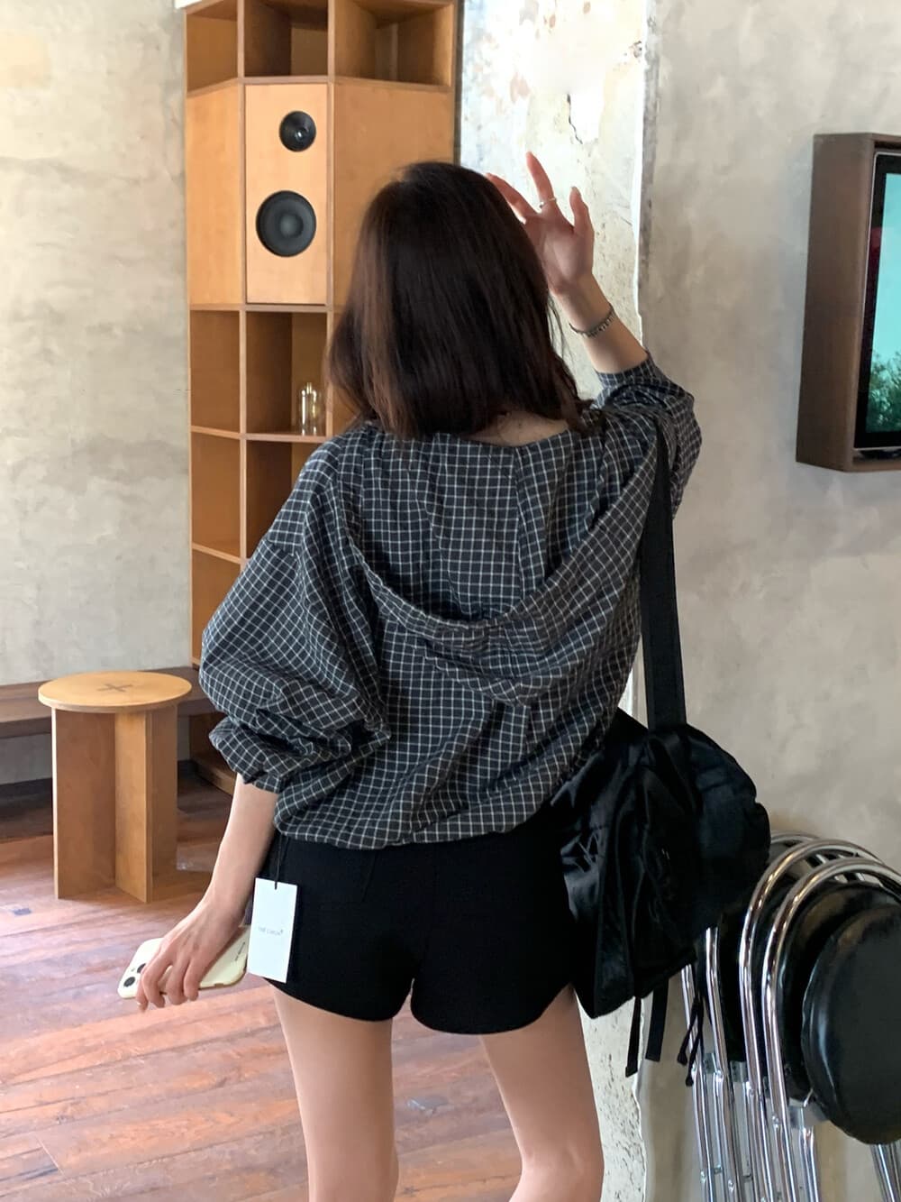 물리적 인지도 있음 업데이트 느긋한 바람 배색 후드 체크무늬 작은 셔츠 셔츠 짧은 여성 코트 8169 상세 이미지 5