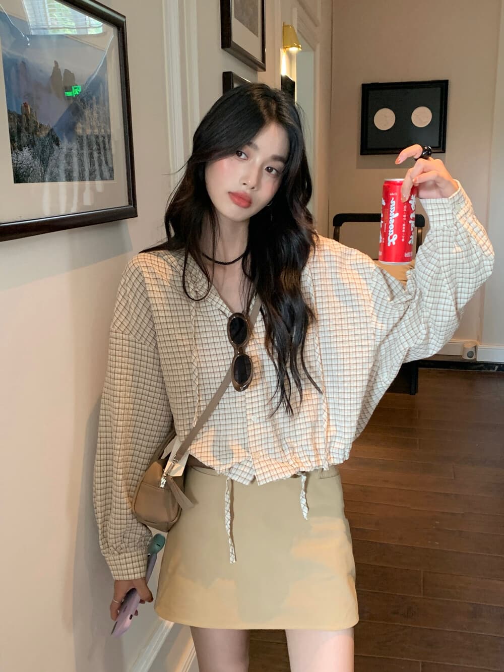 물리적 인지도 있음 업데이트 느긋한 바람 배색 후드 체크무늬 작은 셔츠 셔츠 짧은 여성 코트 8169 상세 이미지 9