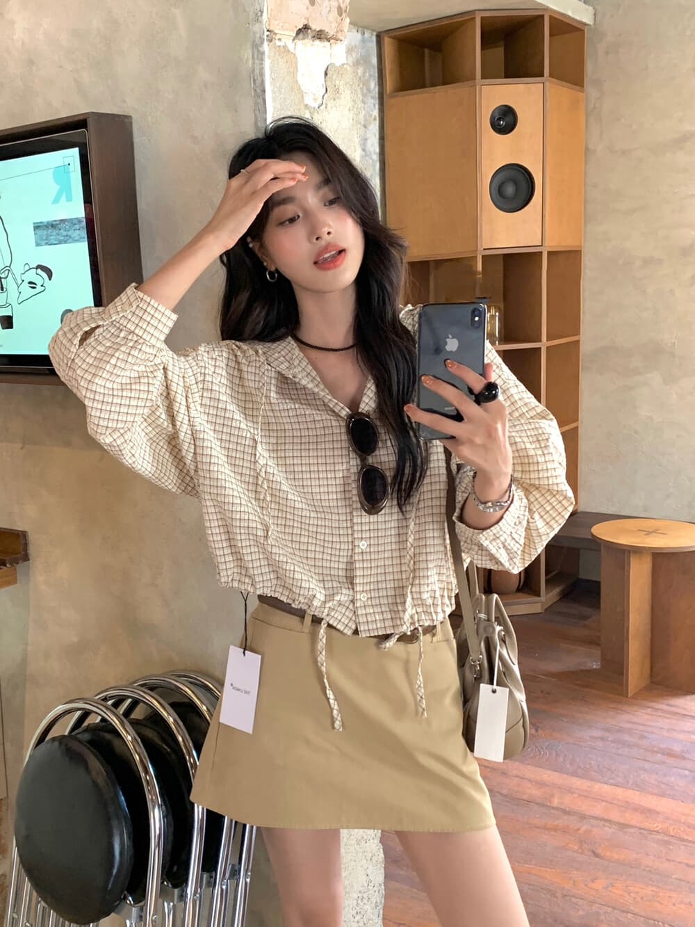 물리적 인지도 있음 업데이트 느긋한 바람 배색 후드 체크무늬 작은 셔츠 셔츠 짧은 여성 코트 8169 상세 이미지 10