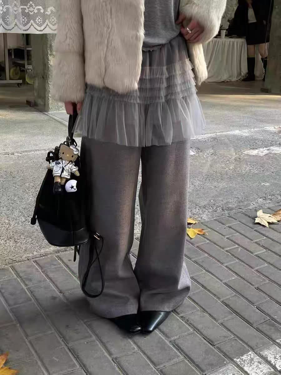 물리적 인지도 있음 업데이트 2026 봄 하이웨이스트 레이스 레이스 캐주얼 바지 루즈핏 슬림해 보이는 허리밴드 와이드 레그 팬츠 이미지 2
