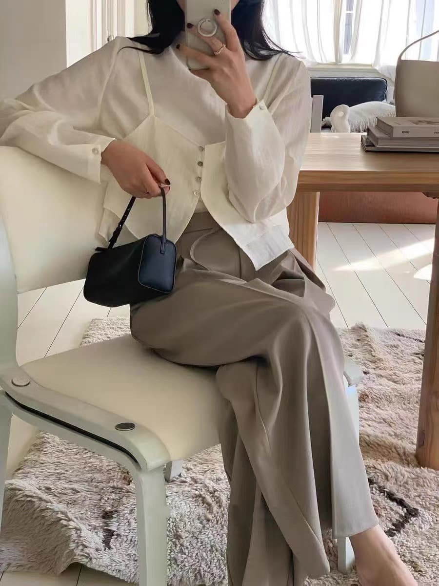 물리적 인지도 있음 업데이트 한국 품격 반하이넥 단색 다용도 일상 출퇴근 긴팔 셔츠 투피스 세트 상세 이미지 2