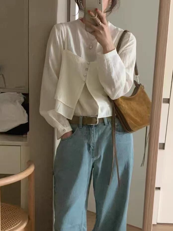 물리적 인지도 있음 업데이트 한국 품격 반하이넥 단색 다용도 일상 출퇴근 긴팔 셔츠 투피스 세트 상세 이미지 5