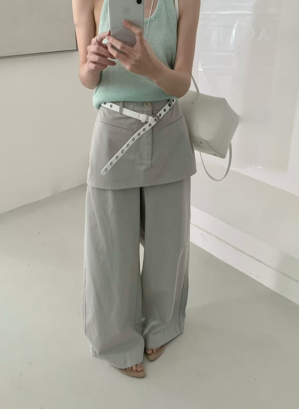물리적 인지도 있음 업데이트 가을 한 부서 다용도 페이크 레이어드 방귀 커튼 와이드 레그 팬츠 캐주얼 바지 벨트 포함 8890 상세 이미지 4
