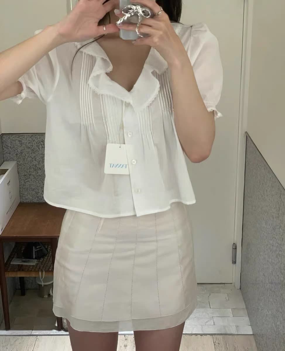 물리적 인지도 있음 업데이트 한국 달콤함 프릴 거품 소매 V넥 이슬 쇄골 다용도 셔츠 셔츠 한 부서 상세 이미지 4