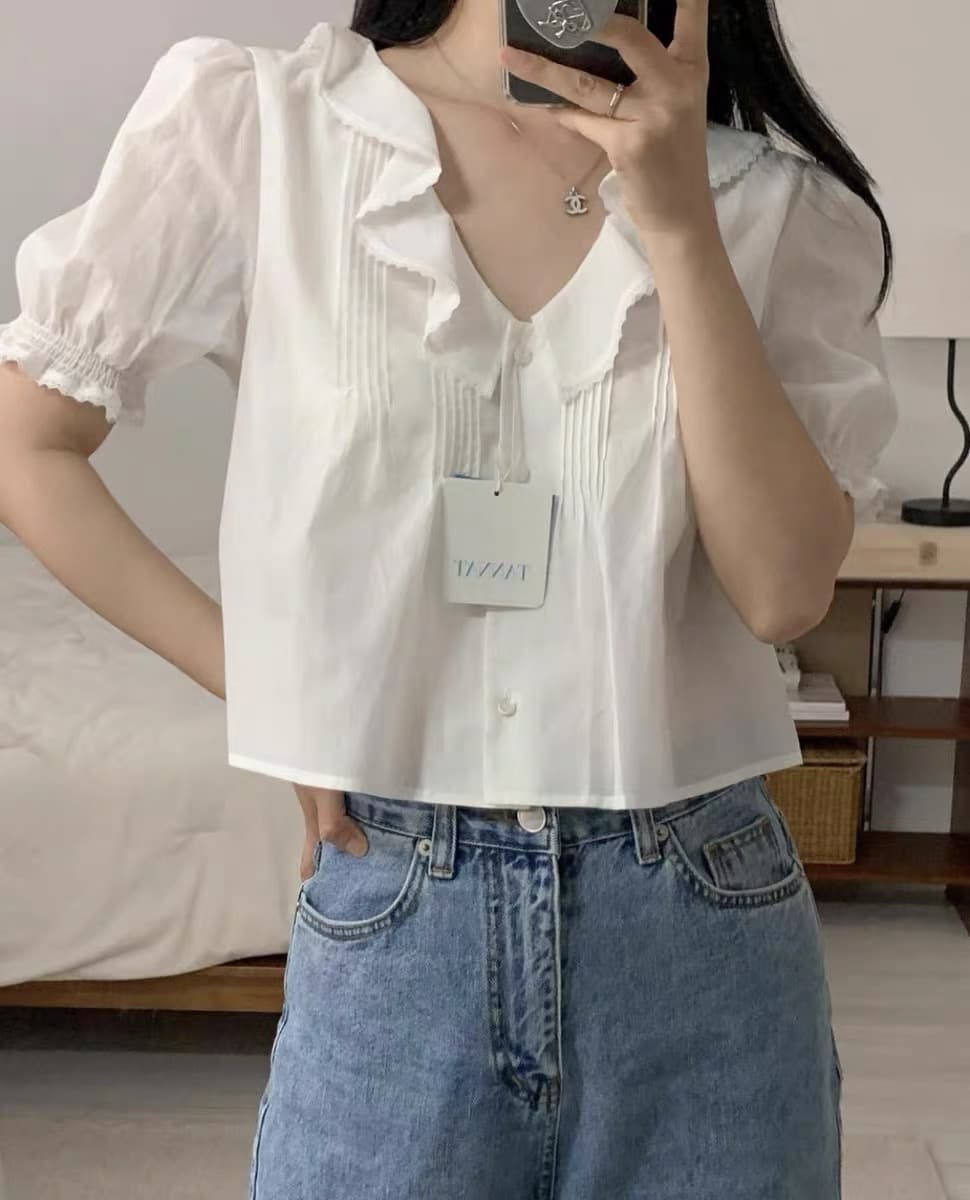 물리적 인지도 있음 업데이트 한국 달콤함 프릴 거품 소매 V넥 이슬 쇄골 다용도 셔츠 셔츠 한 부서 상세 이미지 6