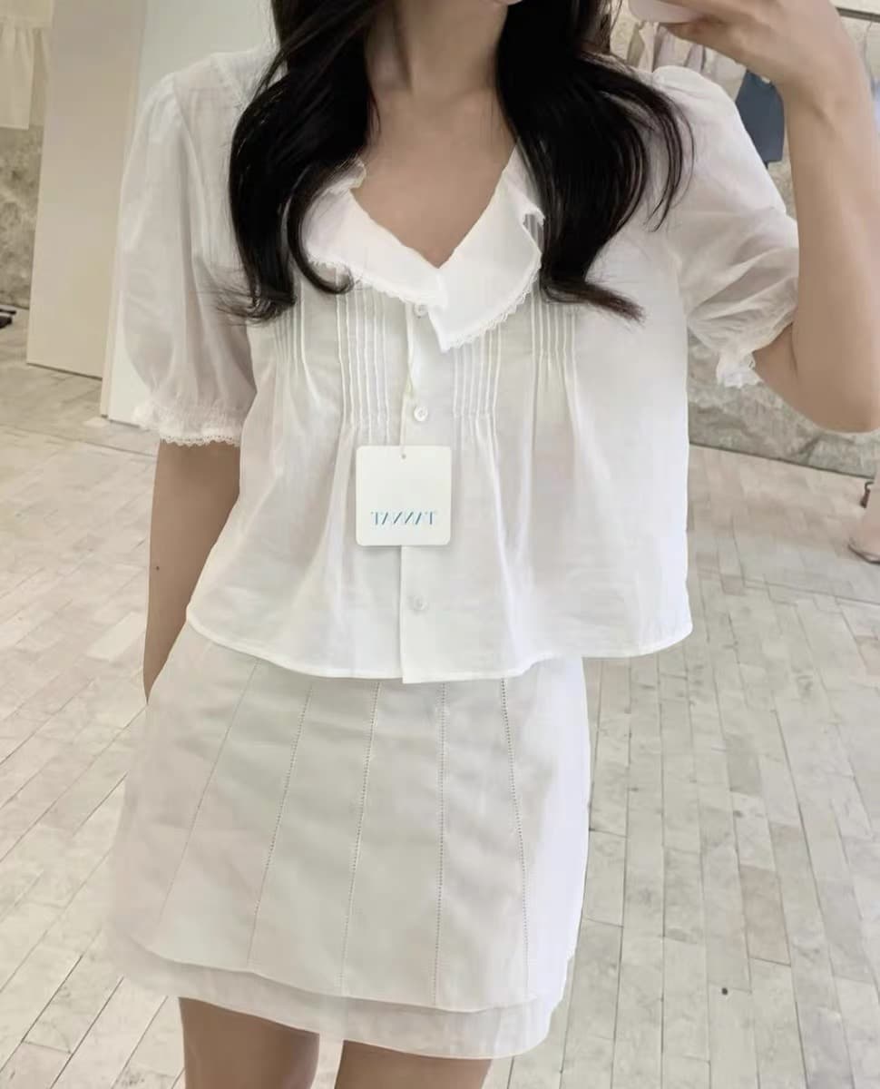 물리적 인지도 있음 업데이트 한국 달콤함 프릴 거품 소매 V넥 이슬 쇄골 다용도 셔츠 셔츠 한 부서 상세 이미지 8