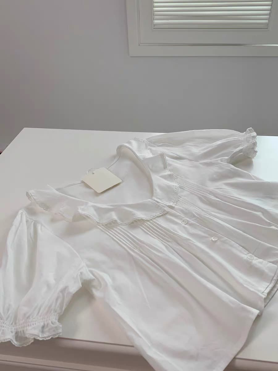 물리적 인지도 있음 업데이트 한국 달콤함 프릴 거품 소매 V넥 이슬 쇄골 다용도 셔츠 셔츠 한 부서 상세 이미지 10