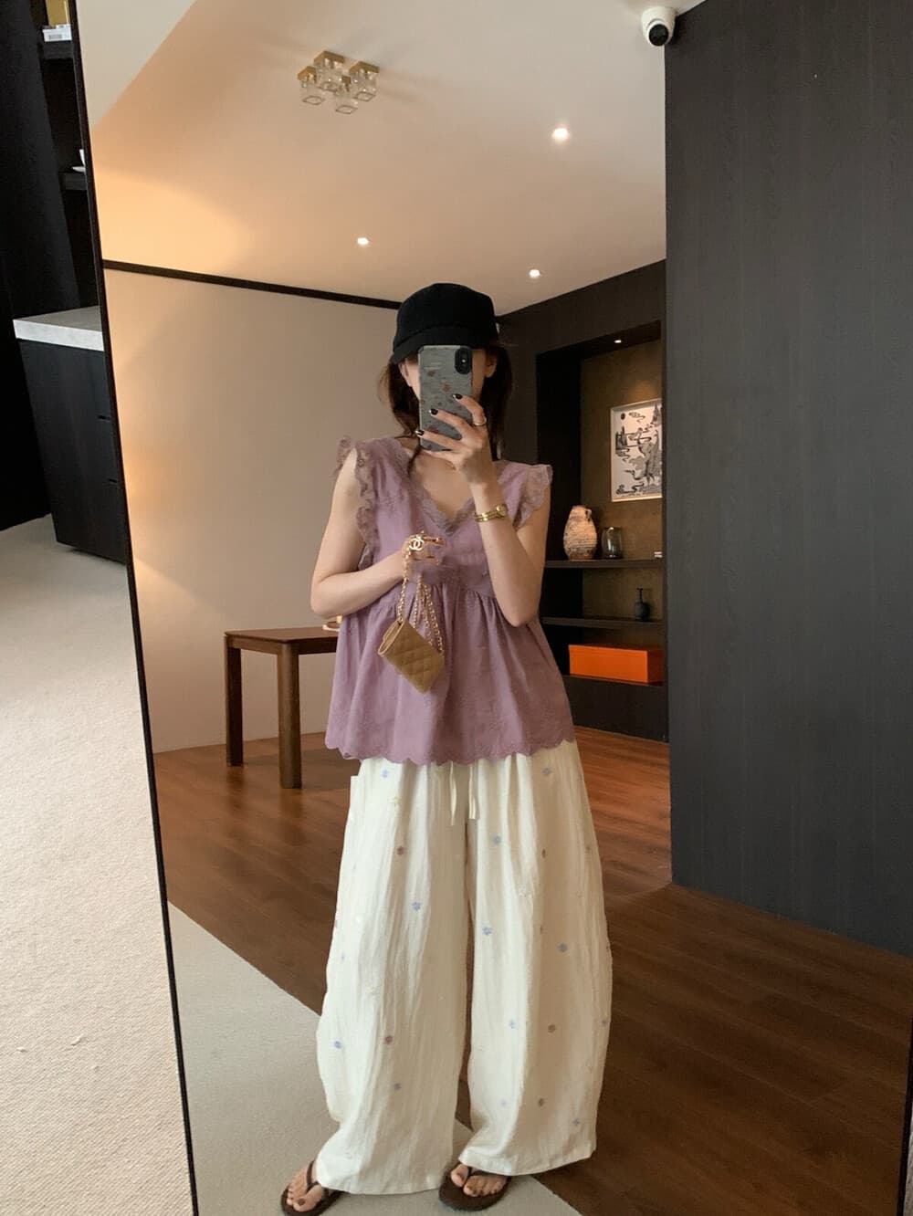 물리적 인지도 있음 업데이트 여름 섹션 무거운 작업 자수 꽃 루즈핏 와이드 레그 팬츠 캐주얼 바지 상세 이미지 6