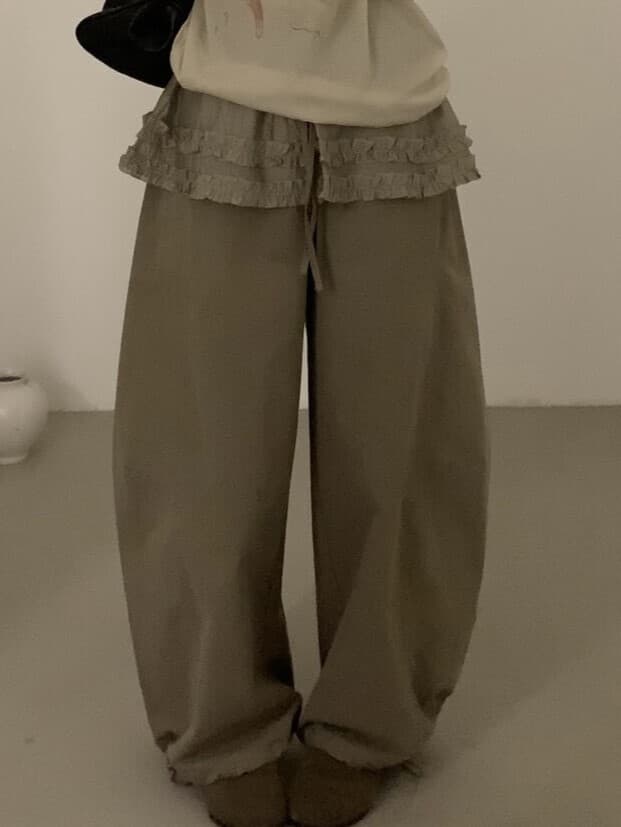 물리적 인지도 있음 업데이트 한 부서 프릴 레이스업 페이크 레이어드 패션 다용도 슬림해 보이는 캐주얼 바지 상세 이미지 2