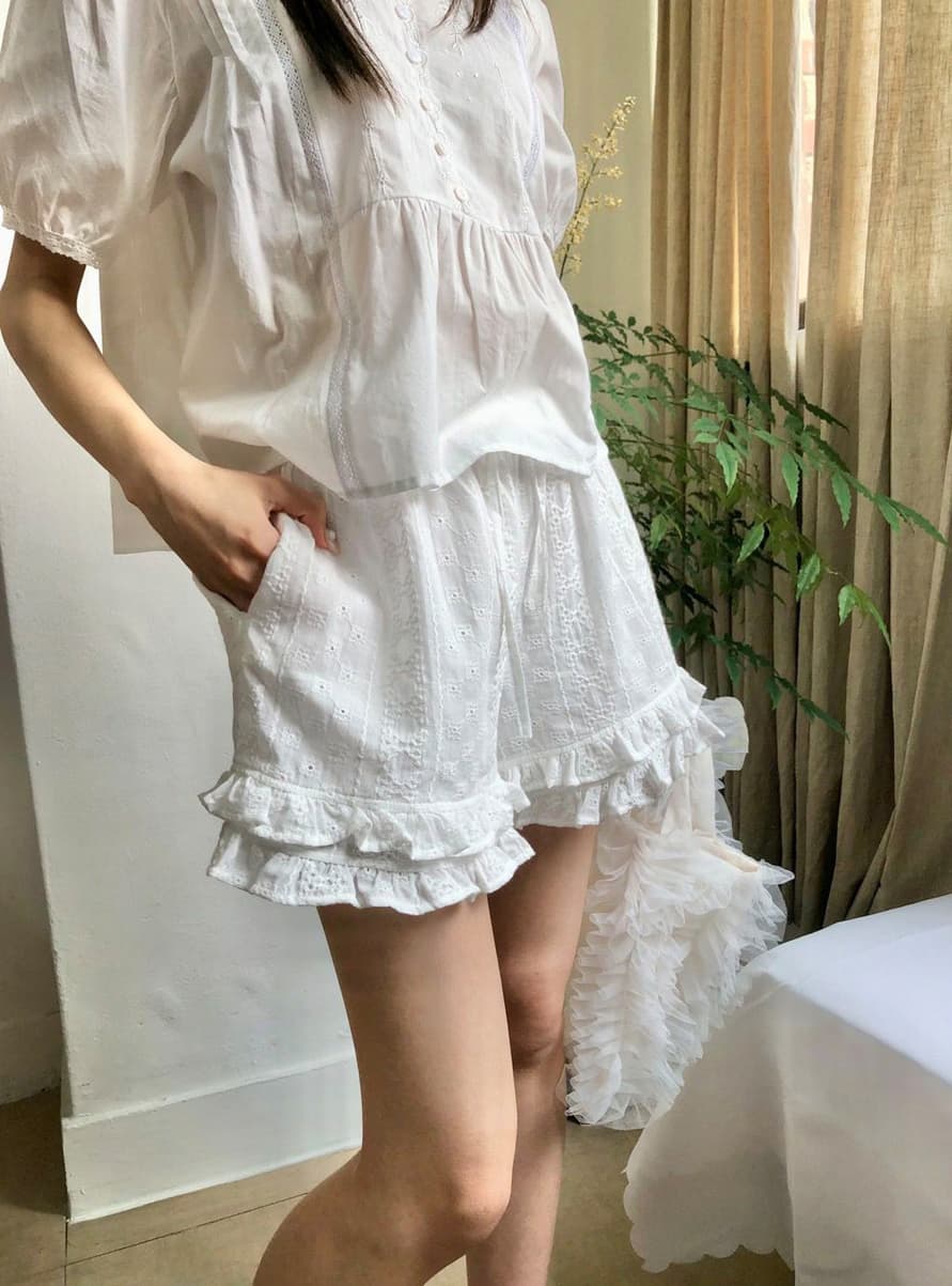 물리적 인지도 있음 업데이트 한 부서 레이스 레이스 허리밴드 넓은 다리가 짧다. 바지 여성 상세 이미지 1