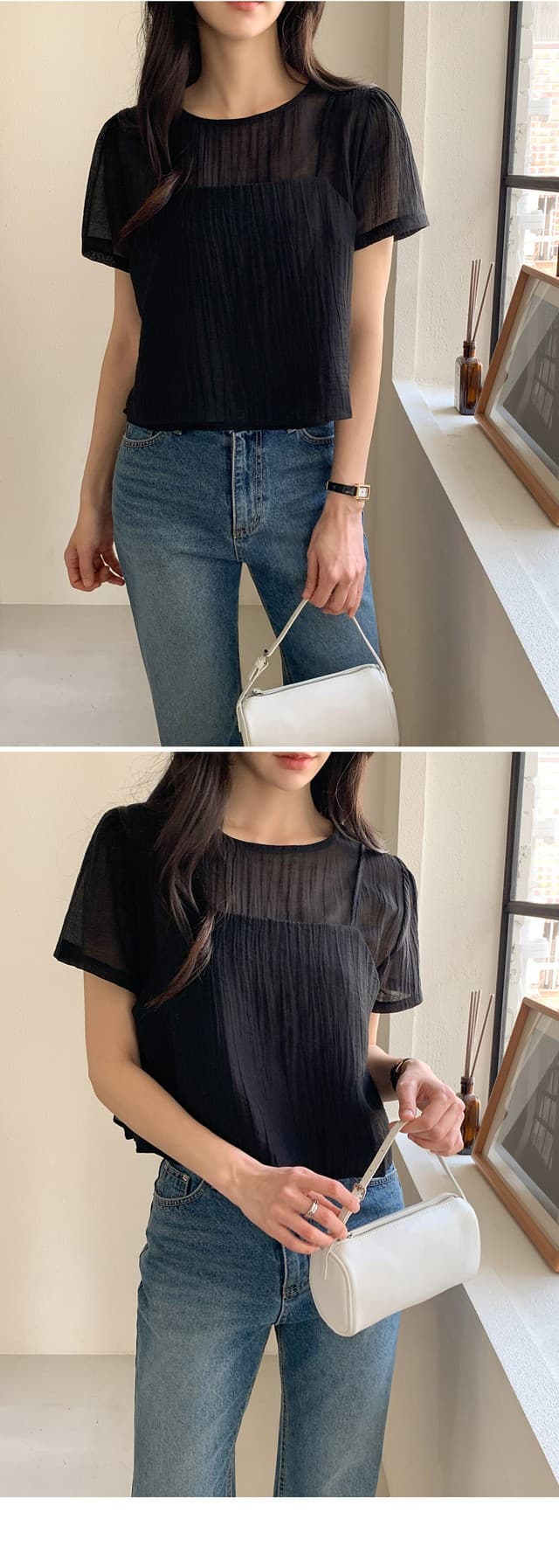 물리적 인지도 있음 업데이트 chic 품격 질감 센스 마이크로 ~을 통해 반팔 셔츠 스택 착용 캐미솔 투피스 세트 7901 상세 이미지 2