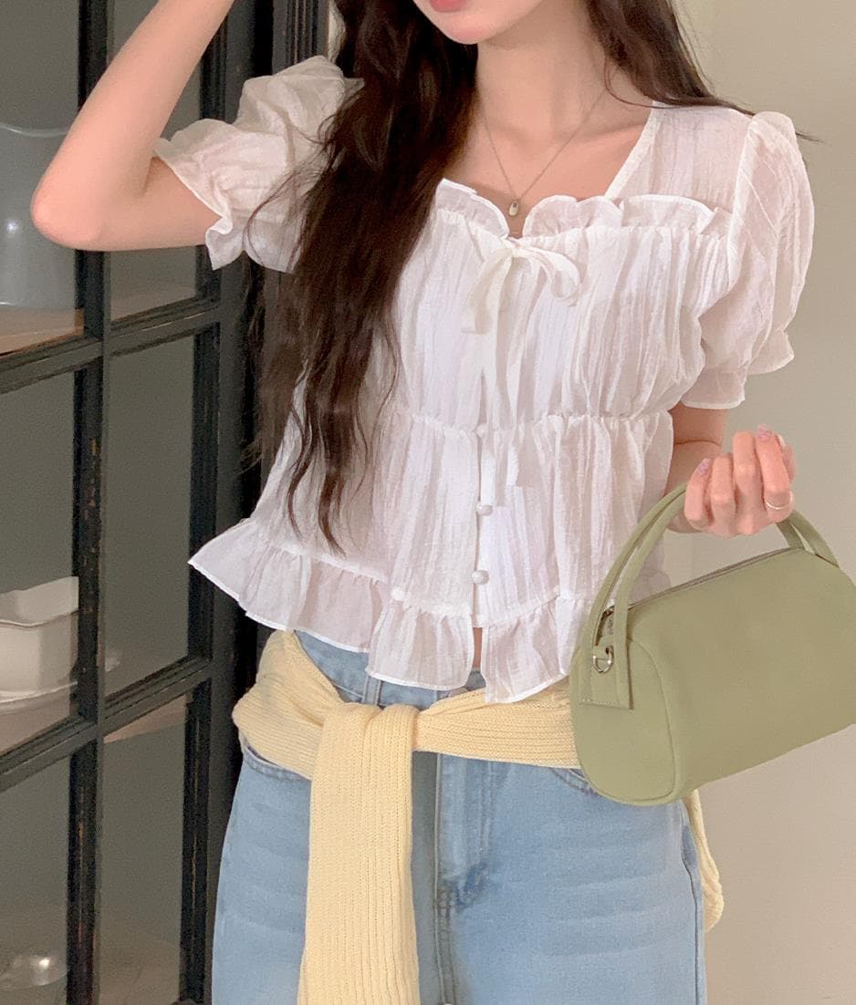 한 부서 연령 감소 프릴 주름 허리 수축 반팔 여성 셔츠 이미지 4
