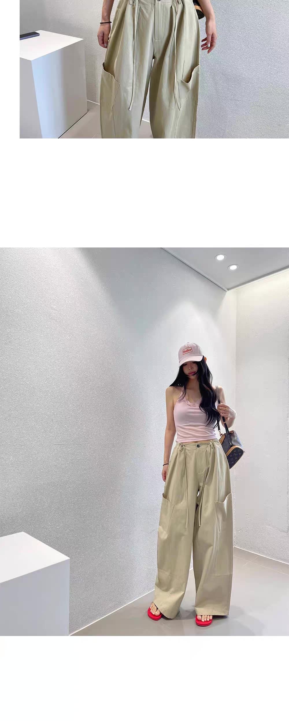 2026 여름 새로운 레트로 레이스업 하이웨이스트 넓은 다리 워크웨어 주머니 캐주얼 긴 바지 상세 이미지 5