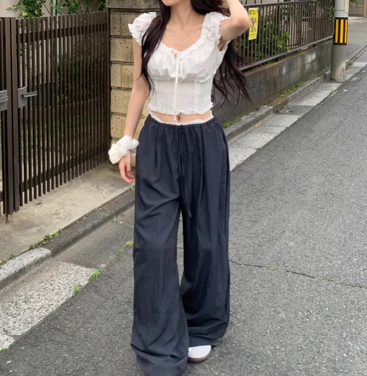 출퇴근 미니멀리즘 관대 한 하이웨이스트 단색 스트레이트 긴 바지 캐주얼 바지 9137 상세 이미지 4