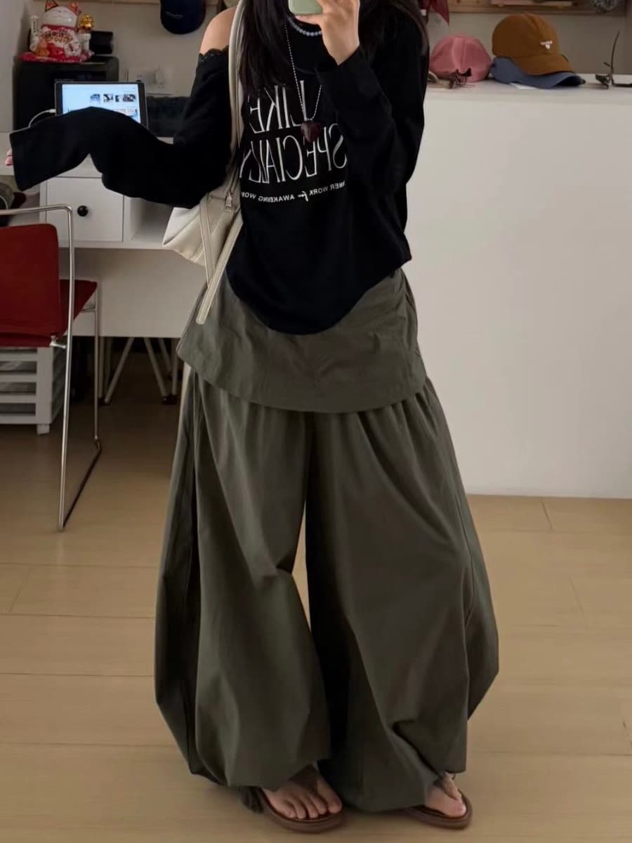 한국 동대문 새로운 하이웨이스트 와이드 레깅스 바지 디자인 센스 방귀 커튼 루즈핏 펌프 로프 조거 둘 착용 긴 바지 이미지 4
