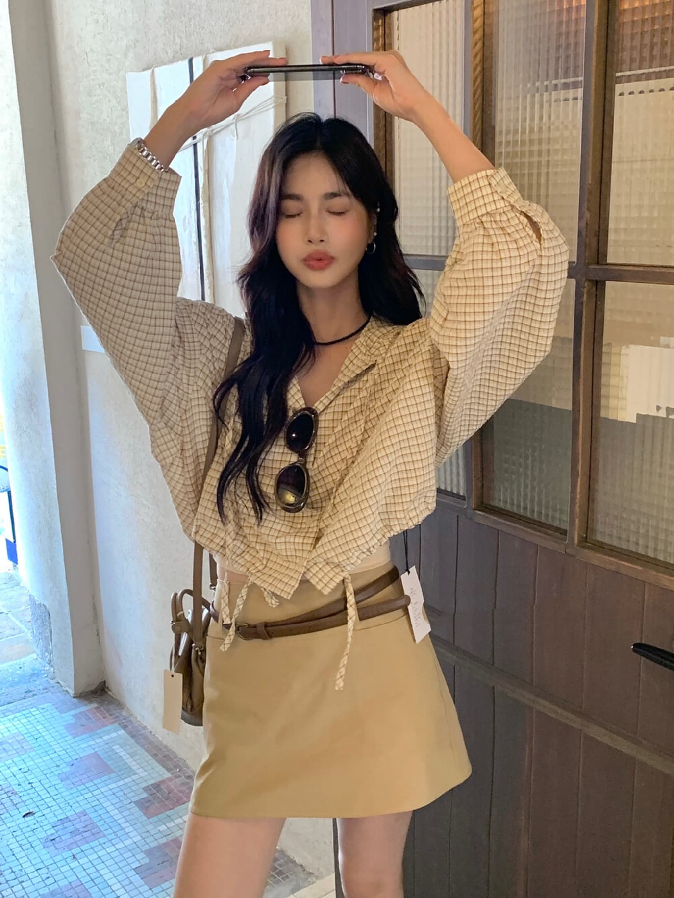 물리적 인지도 있음 업데이트 느긋한 바람 배색 후드 체크무늬 작은 셔츠 셔츠 짧은 여성 코트 8169 이미지 4