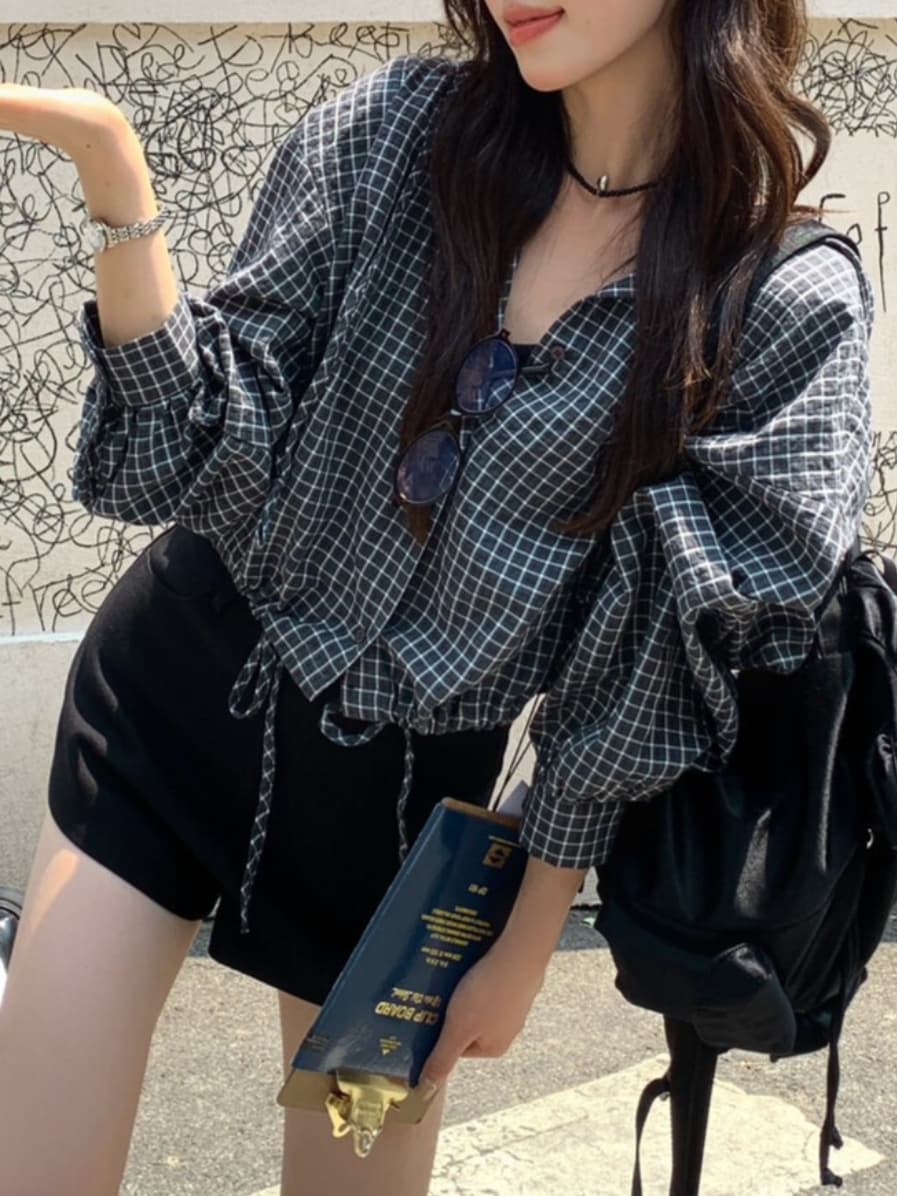 물리적 인지도 있음 업데이트 느긋한 바람 배색 후드 체크무늬 작은 셔츠 셔츠 짧은 여성 코트 8169 이미지 2