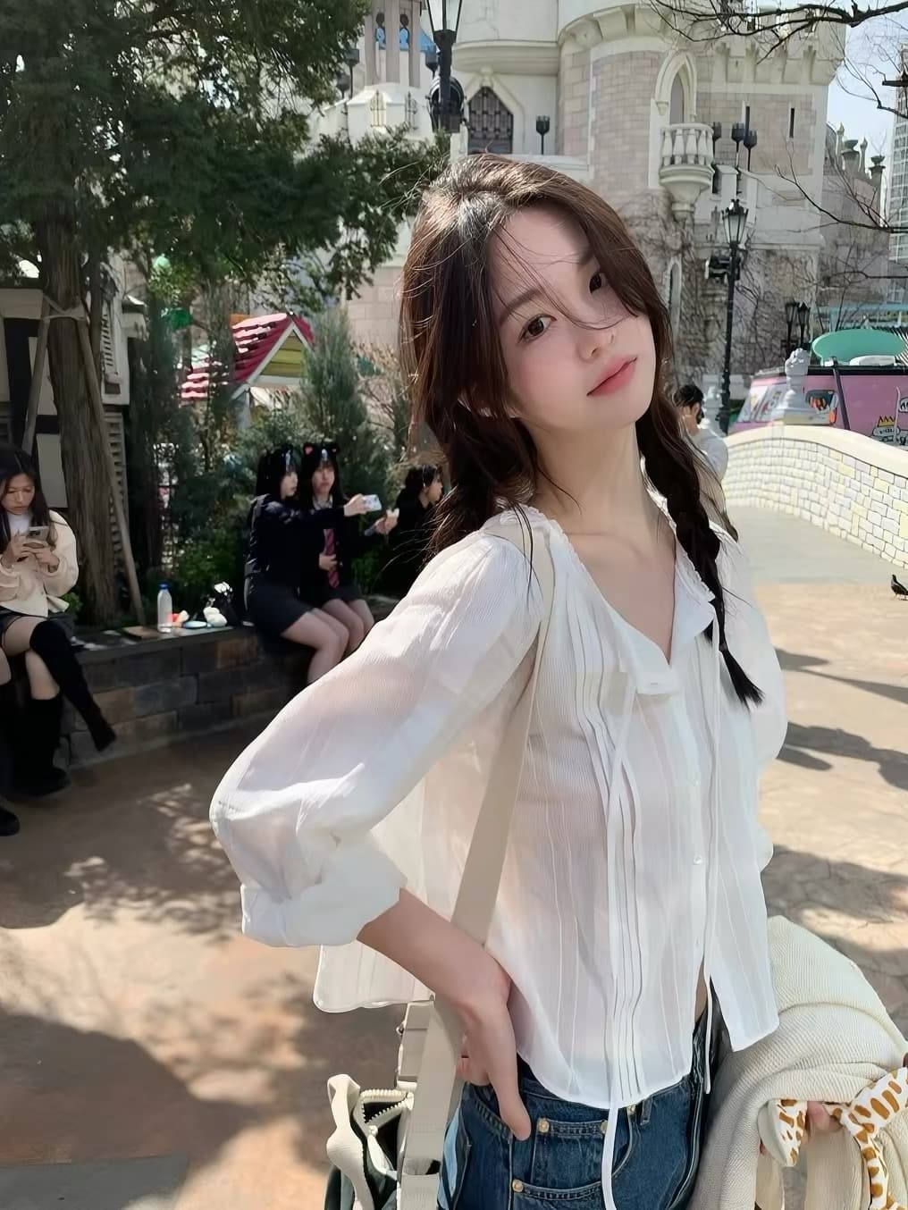 한국 동대문 새로운 레이스 레이스 레이스 업 셔츠 면 소재 맨위 이미지 2