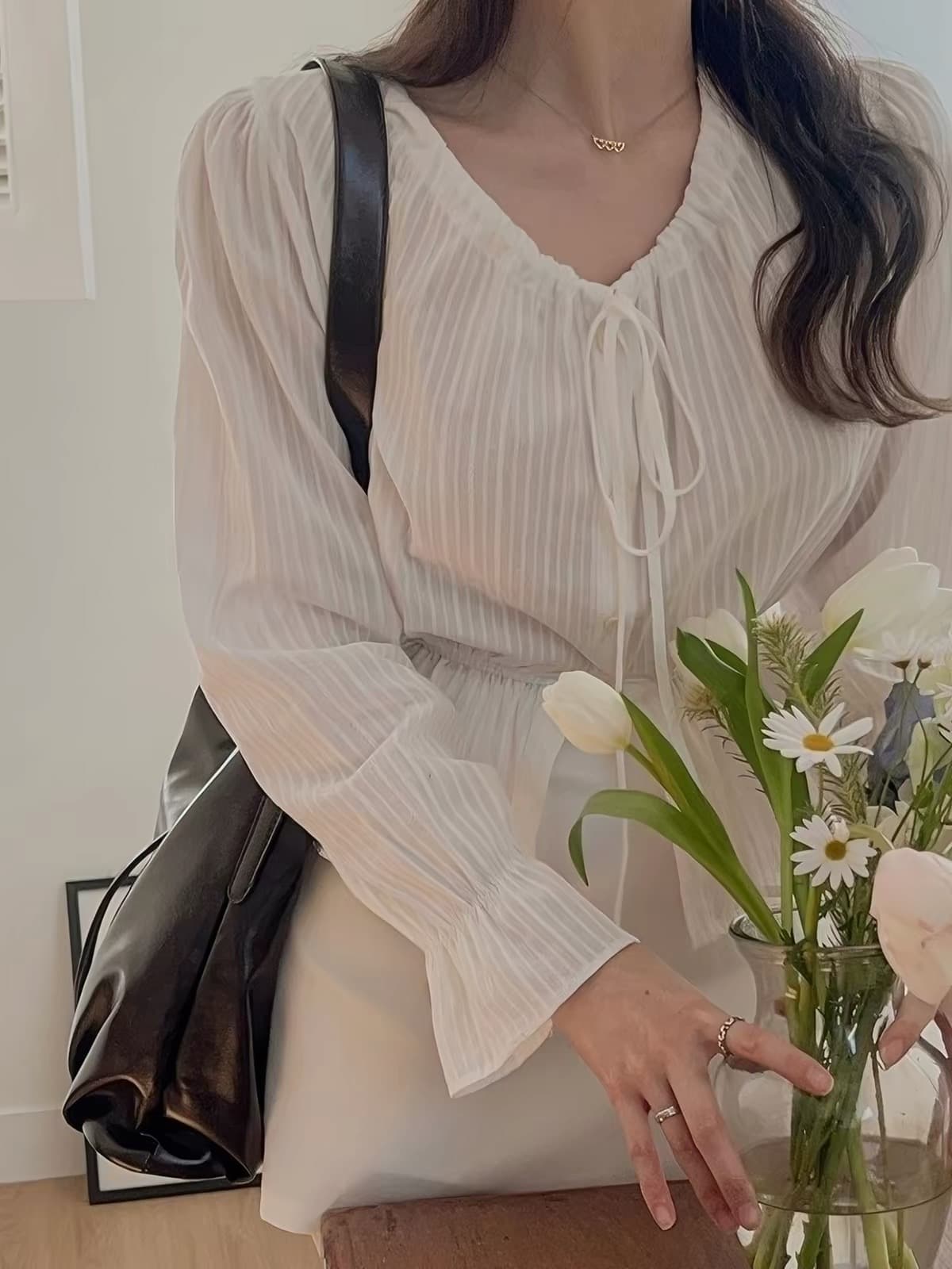 한국 구매 소금 부서 바람 펌프 로프 레이스업 허리 수축 스트라이프 셔츠 26 새로운 여성