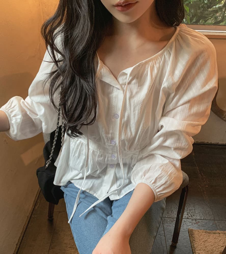 새로운 프랑스식 디자인 센스 사탕 색상 레이스업 긴팔 순면 여성 셔츠 루즈핏 디스플레이 학위 연령 감소 맨위 이미지 2
