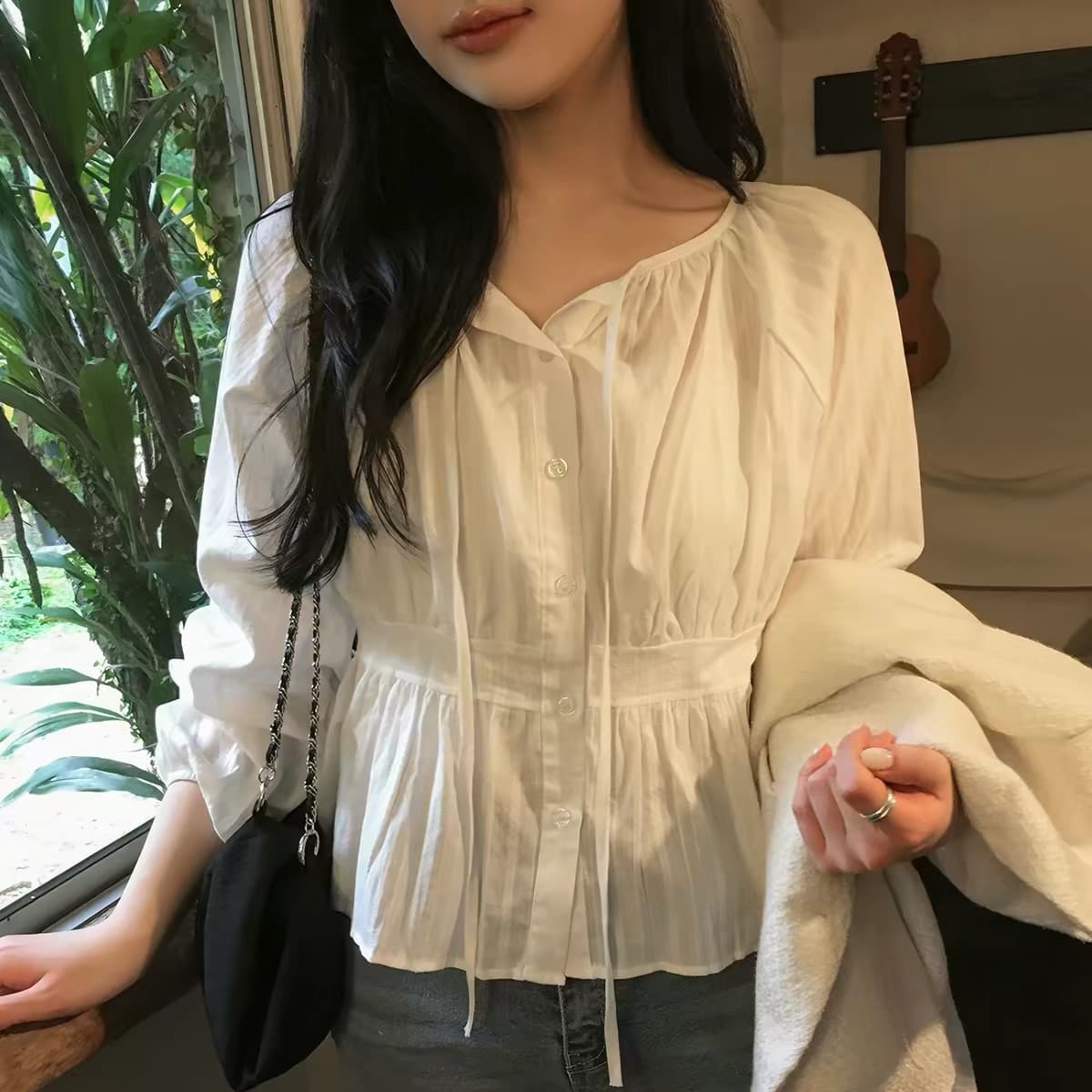 새로운 프랑스식 디자인 센스 사탕 색상 레이스업 긴팔 순면 여성 셔츠 루즈핏 디스플레이 학위 연령 감소 맨위 상세 이미지 5