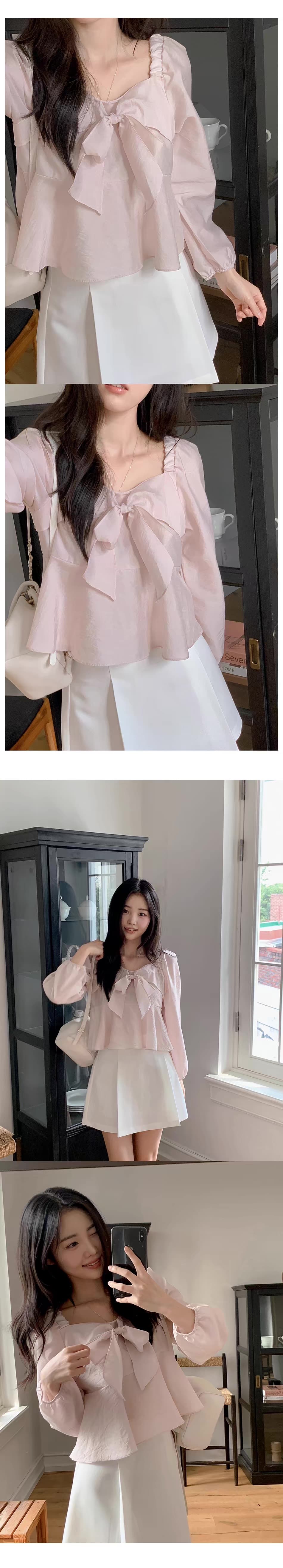 한국 동대문 구매 가을 의상 여성 의류 새로운 레이스업 나비 매듭 광장 칼라 달콤함 슬림해 보이는 풀오버 셔츠 상세 이미지 4