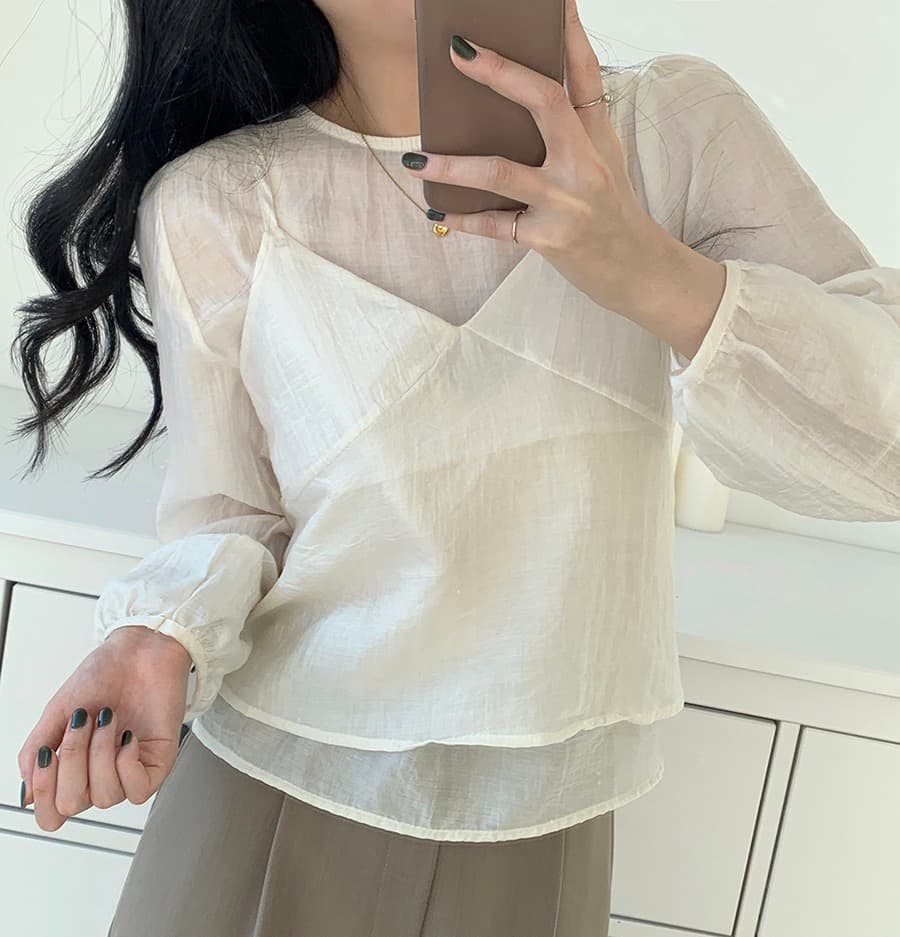 한국 동대문 라운드 넥 긴팔 쉬폰 셔츠 코디 섹시함 V넥 작은 슬링 투피스 조끼 여성