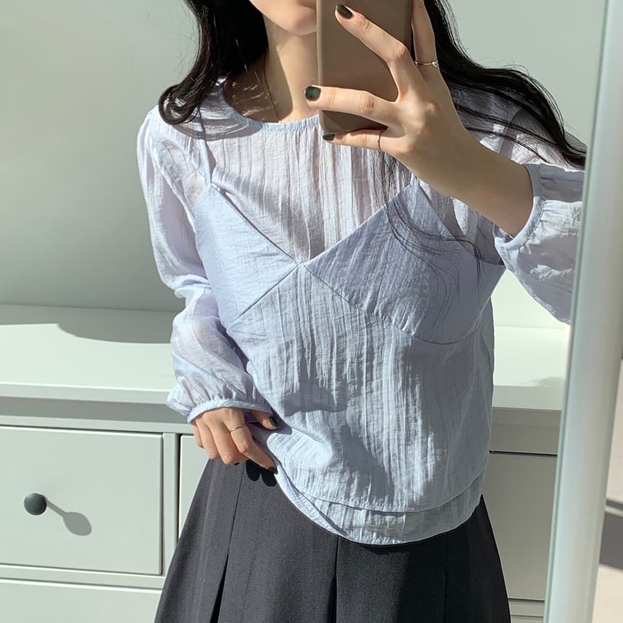 한국 동대문 라운드 넥 긴팔 쉬폰 셔츠 코디 섹시함 V넥 작은 슬링 투피스 조끼 여성 상세 이미지 10