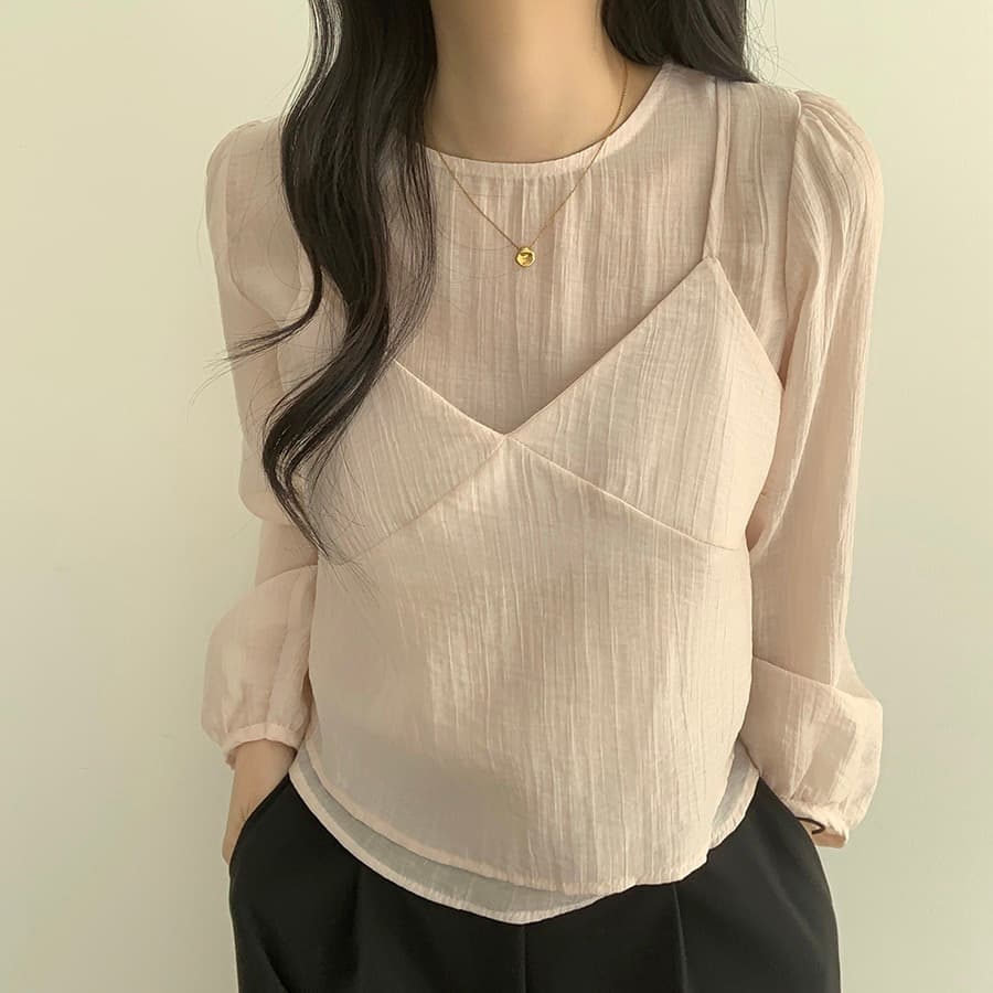 한국 동대문 라운드 넥 긴팔 쉬폰 셔츠 코디 섹시함 V넥 작은 슬링 투피스 조끼 여성 상세 이미지 14