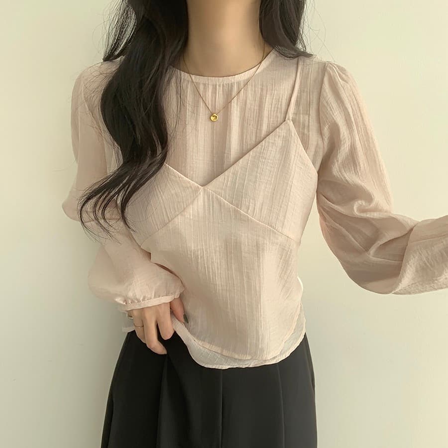 한국 동대문 라운드 넥 긴팔 쉬폰 셔츠 코디 섹시함 V넥 작은 슬링 투피스 조끼 여성 상세 이미지 17
