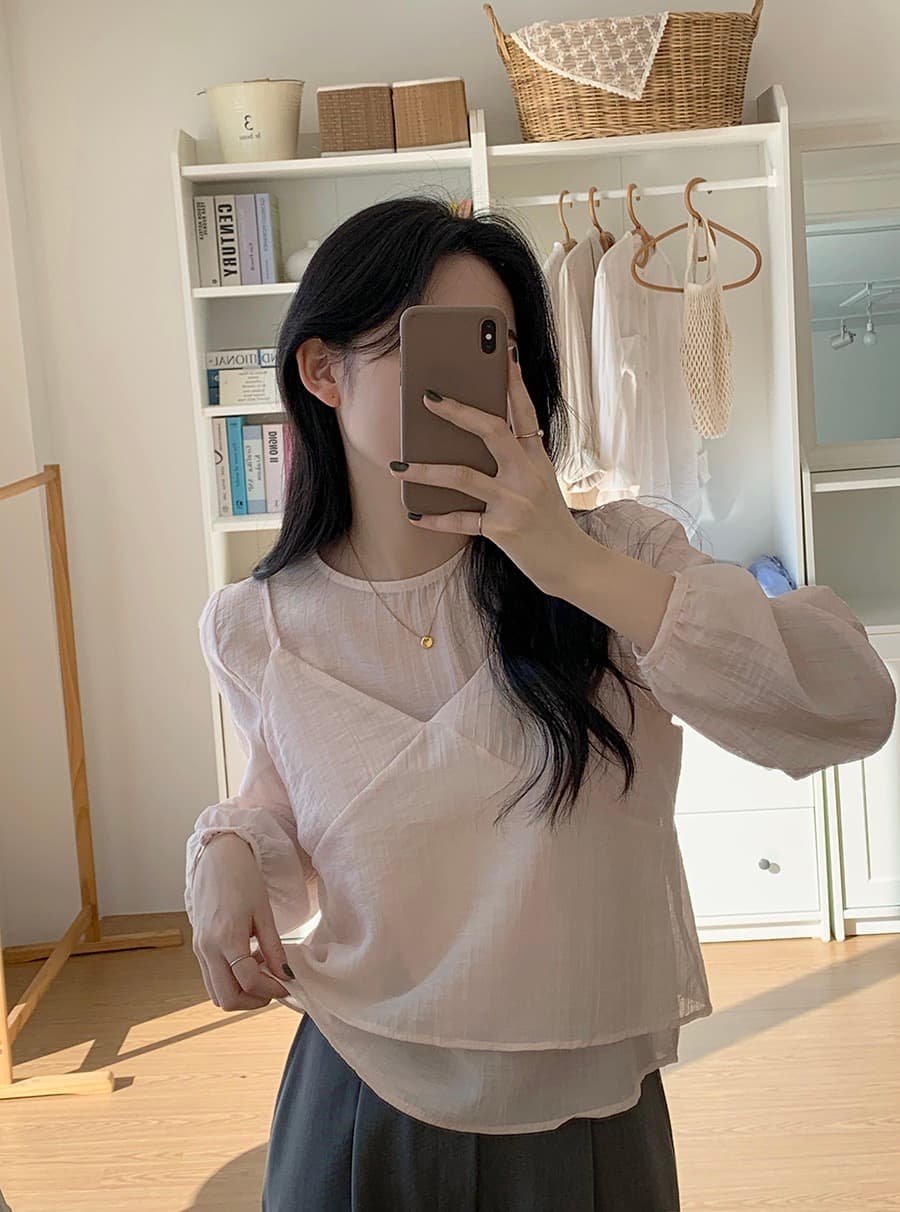 한국 동대문 라운드 넥 긴팔 쉬폰 셔츠 코디 섹시함 V넥 작은 슬링 투피스 조끼 여성 상세 이미지 20