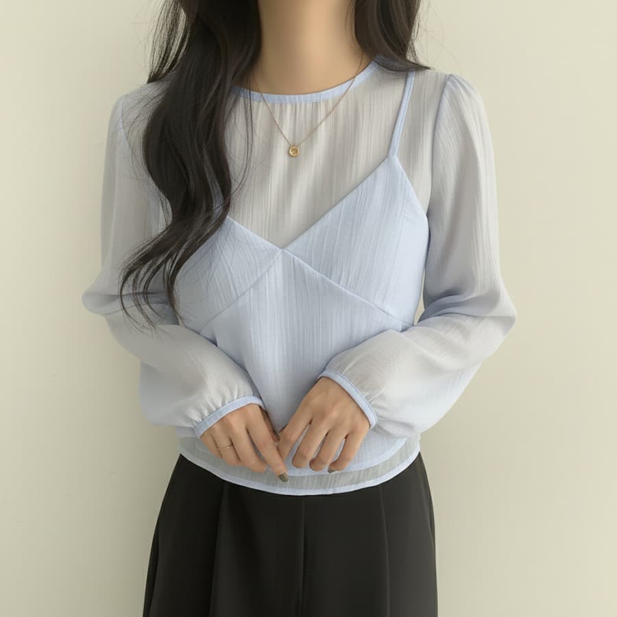 한국 동대문 라운드 넥 긴팔 쉬폰 셔츠 코디 섹시함 V넥 작은 슬링 투피스 조끼 여성 상세 이미지 29