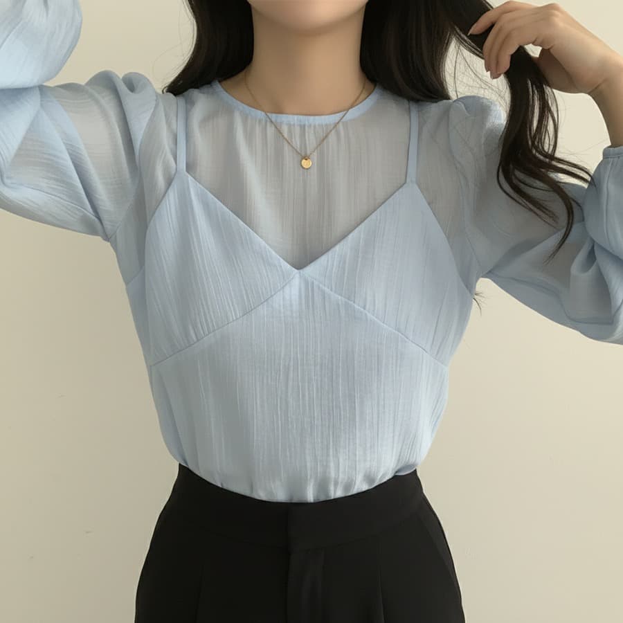 한국 동대문 라운드 넥 긴팔 쉬폰 셔츠 코디 섹시함 V넥 작은 슬링 투피스 조끼 여성 상세 이미지 30
