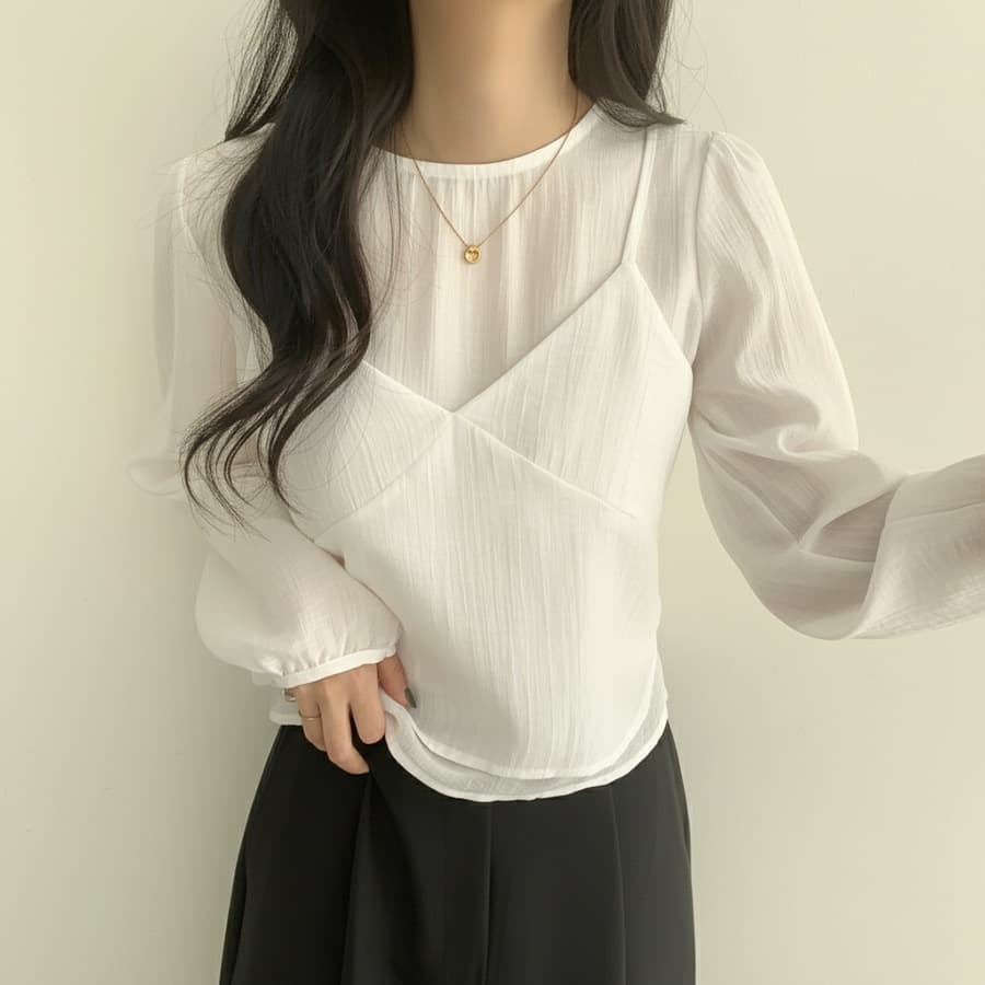 한국 동대문 라운드 넥 긴팔 쉬폰 셔츠 코디 섹시함 V넥 작은 슬링 투피스 조끼 여성 상세 이미지 33