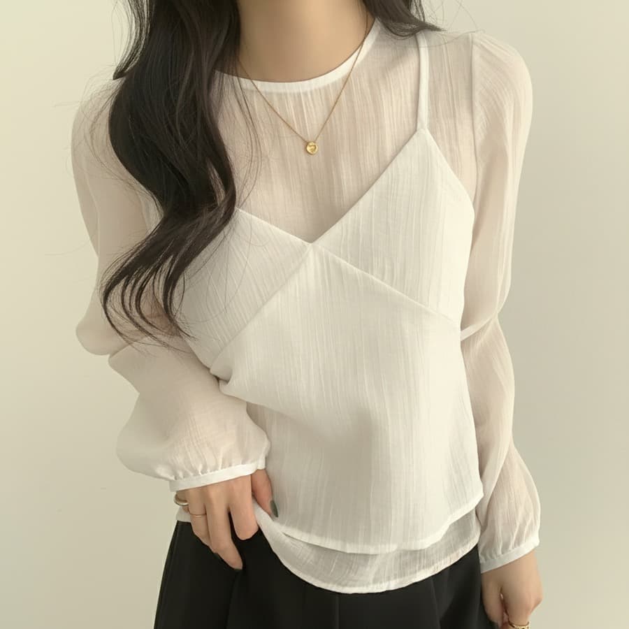 한국 동대문 라운드 넥 긴팔 쉬폰 셔츠 코디 섹시함 V넥 작은 슬링 투피스 조끼 여성 상세 이미지 35