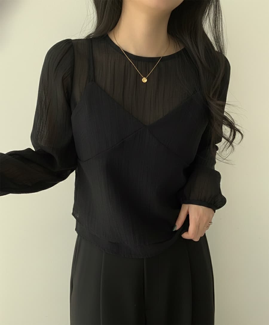 한국 동대문 라운드 넥 긴팔 쉬폰 셔츠 코디 섹시함 V넥 작은 슬링 투피스 조끼 여성 상세 이미지 41
