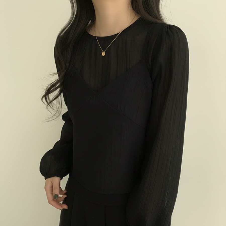 한국 동대문 라운드 넥 긴팔 쉬폰 셔츠 코디 섹시함 V넥 작은 슬링 투피스 조끼 여성 상세 이미지 42