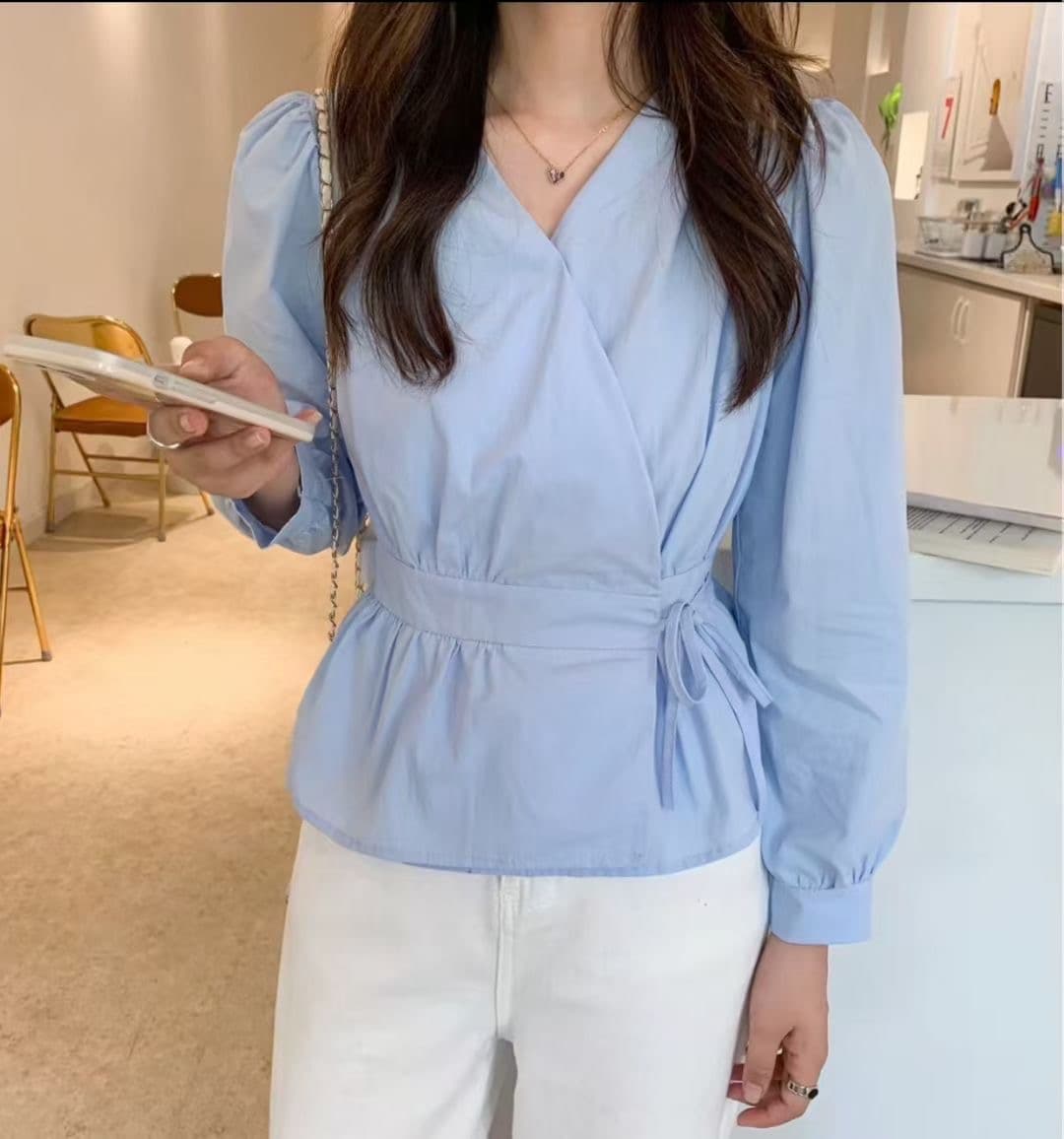 한국 스타일 고유 한 맨위 Chic 작은 셔츠 검정색 품격 긴팔 여성 셔츠 달콤함 디자인 센스 작은 대중 화이트 셔츠 상세 이미지 5