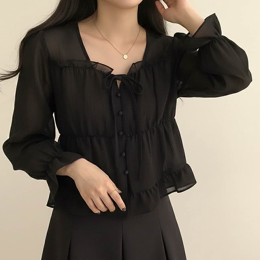 한국 동대문 봄 레트로 부드러운 광장 칼라 레이스업 목이버섯 프릴 긴팔 셔츠 맨위 여성 상세 이미지 22