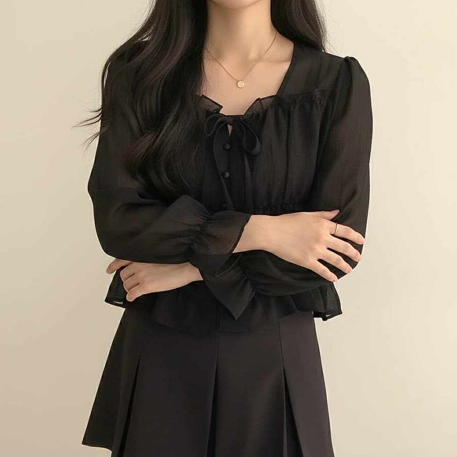 한국 동대문 봄 레트로 부드러운 광장 칼라 레이스업 목이버섯 프릴 긴팔 셔츠 맨위 여성 상세 이미지 25