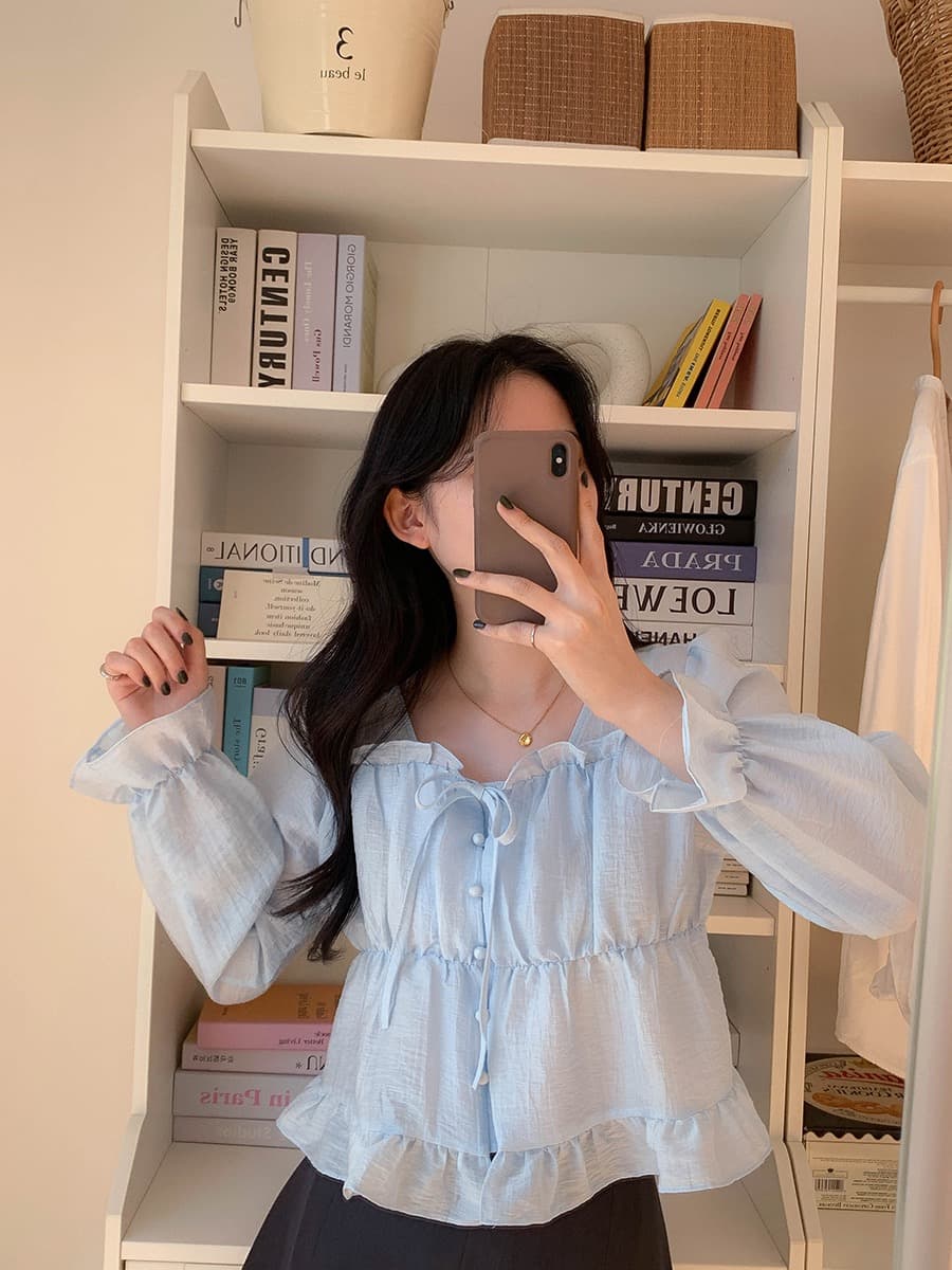 한국 동대문 봄 레트로 부드러운 광장 칼라 레이스업 목이버섯 프릴 긴팔 셔츠 맨위 여성 상세 이미지 31