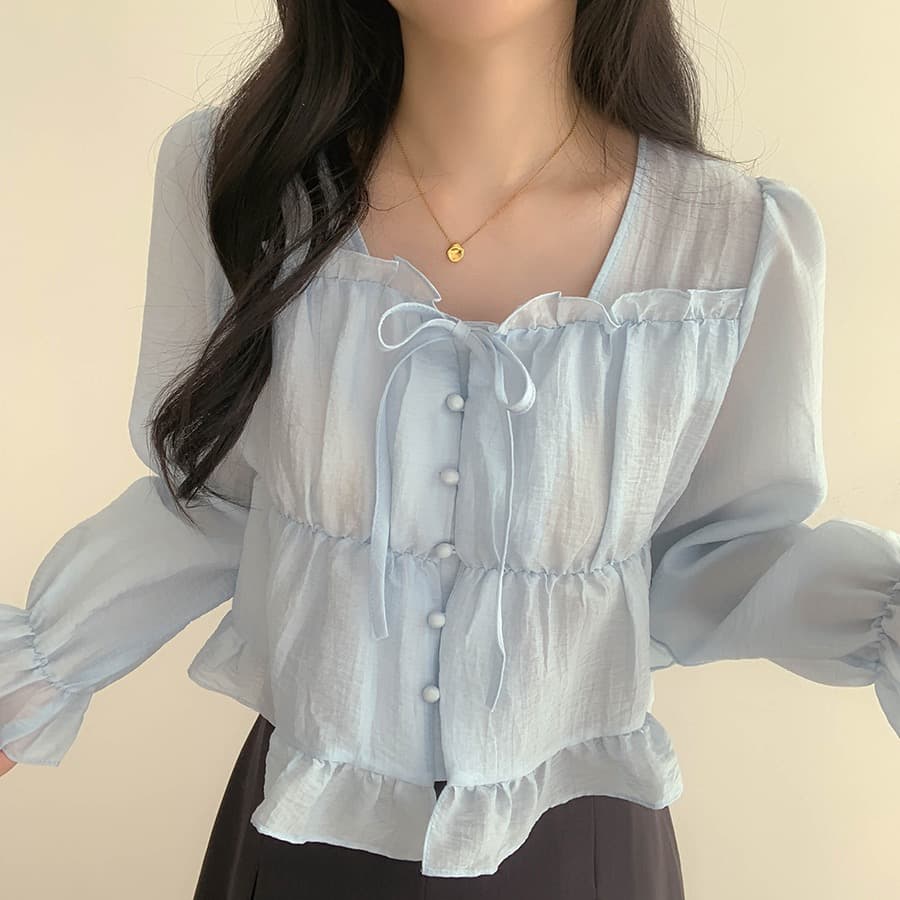 한국 동대문 봄 레트로 부드러운 광장 칼라 레이스업 목이버섯 프릴 긴팔 셔츠 맨위 여성 상세 이미지 37