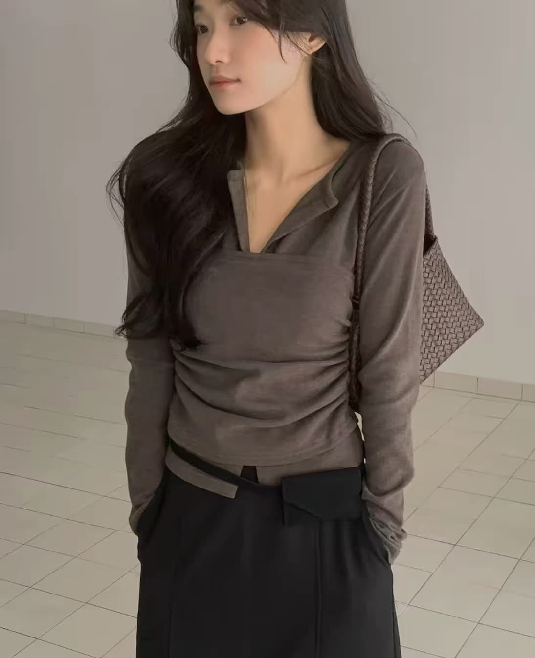 한국 작은 대중 디자인 부서 버클 긴팔 오픈 가디건 몸매 가꾸기 플리츠 튜브탑 두 조각 여성 세트 상세 이미지 5
