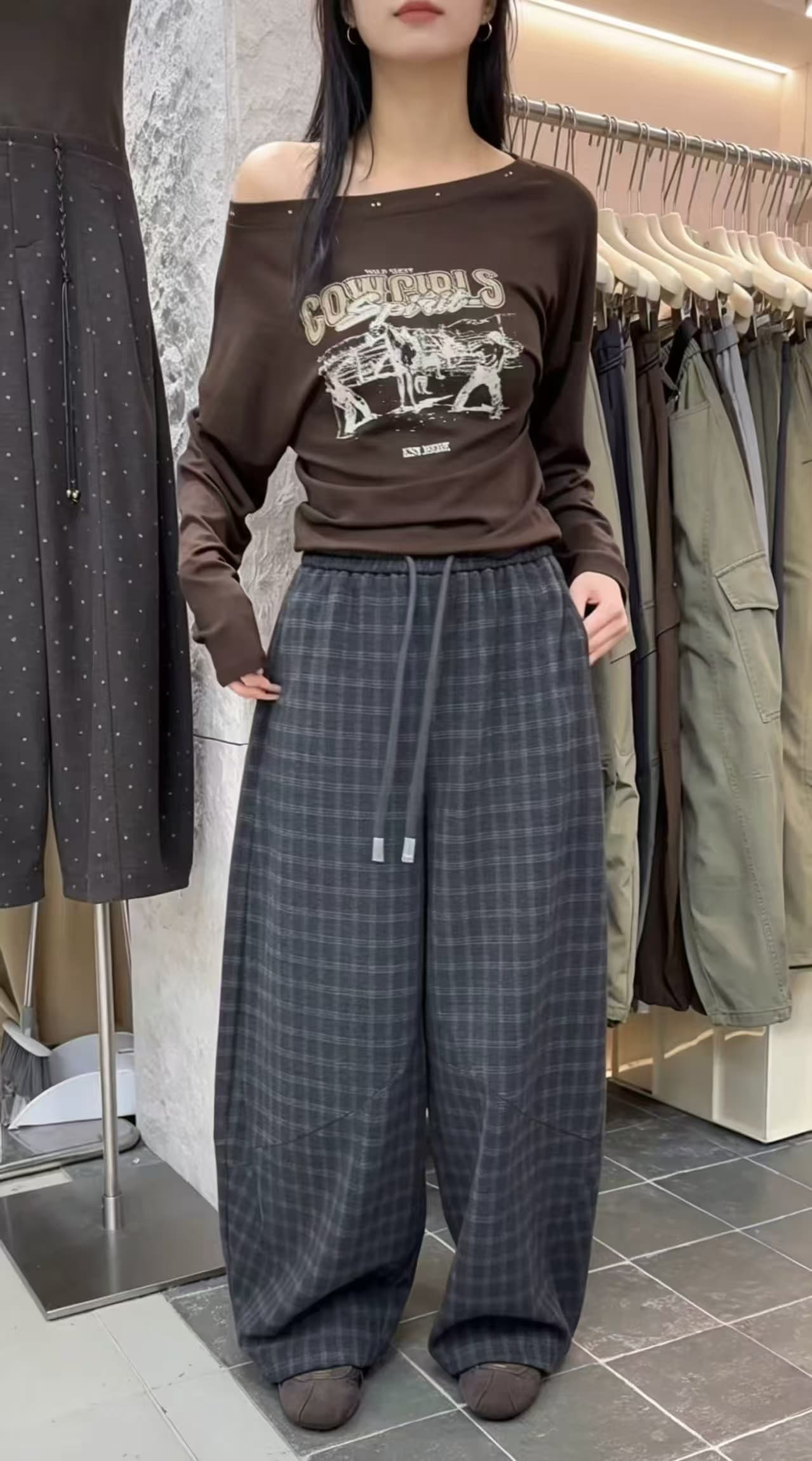 가을 겨울 새로운 레트로 슈퍼 부드러운 체크무늬 연삭 털 다용도 캐주얼 바지 상세 이미지 3