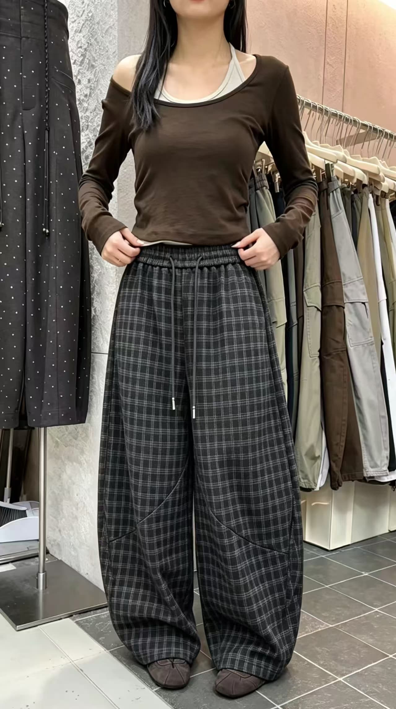 가을 겨울 새로운 레트로 슈퍼 부드러운 체크무늬 연삭 털 다용도 캐주얼 바지 상세 이미지 4