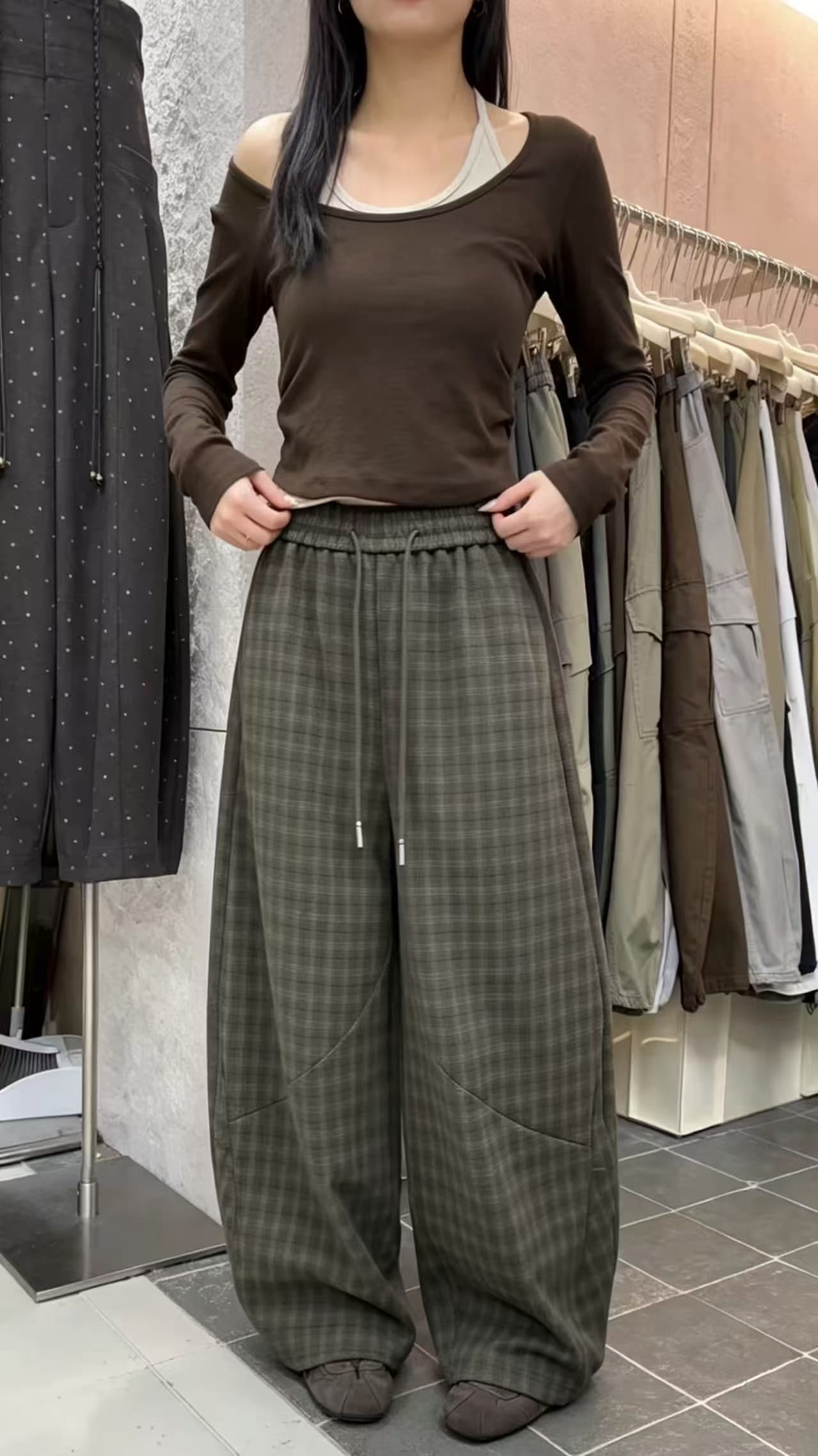 가을 겨울 새로운 레트로 슈퍼 부드러운 체크무늬 연삭 털 다용도 캐주얼 바지 상세 이미지 6