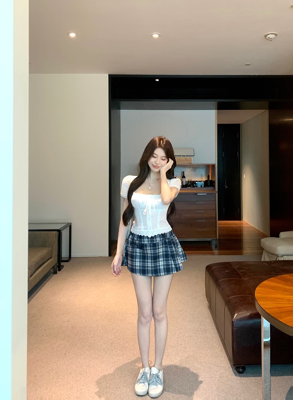 실사 정가 거품 소매 달콤한 매운맛 맨위 여름 패치워크 레이스 순수한 욕망 쇼트 스타일 셔츠 체크무늬 반 스커트 상세 이미지 14