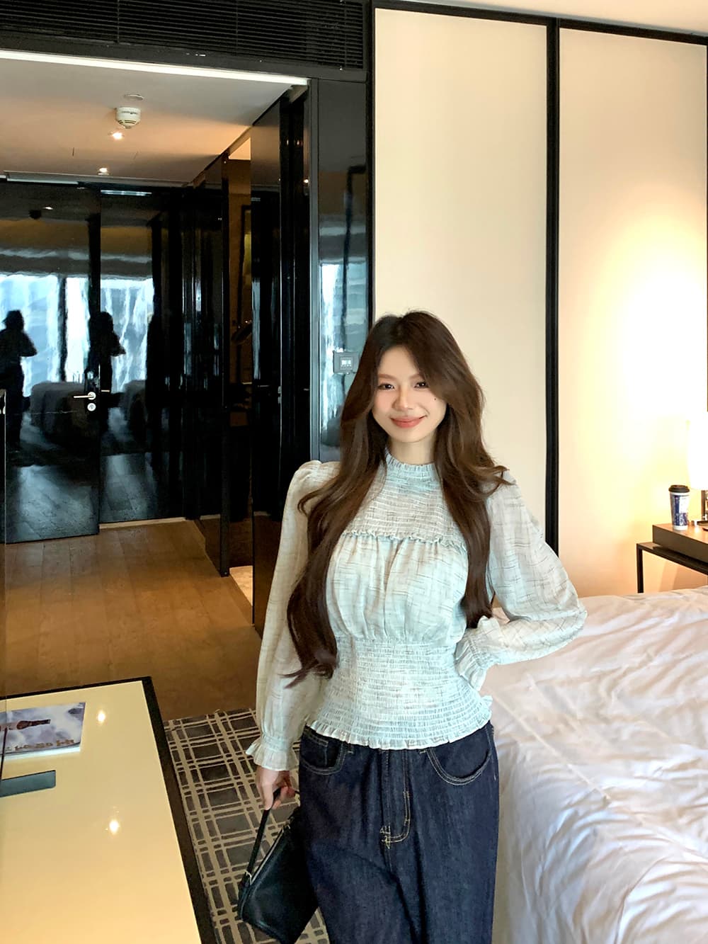 실사 정가 출퇴근 미니멀리즘 다용도 가을 녹색 라운드 넥 쉬폰 허리 수축 슬림해 보이는 자외선 차단 긴팔 맨위 여성 상세 이미지 4